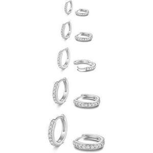 Dainty Tiny White Gold Huggie Hoop Earrings, 5 Pairs Mini Cubic Zirconia Hoops